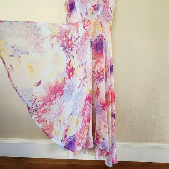 Calvin Klein Dress Sleeveless V-Neck Pink Floral Lined Chiffon Hi Lo Midi Sz 2 - Picture 6 of 10